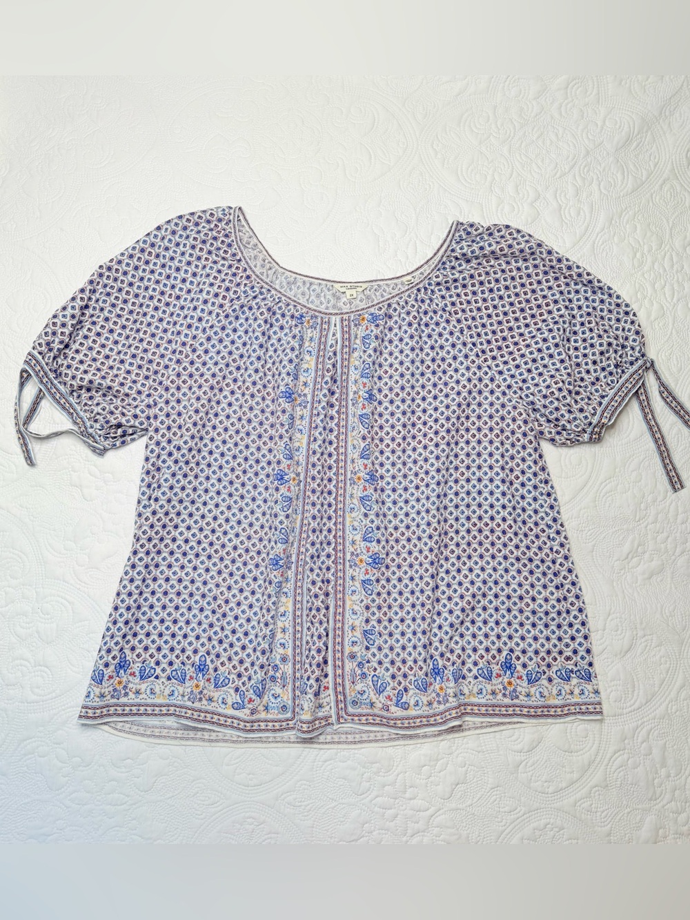 Max Studio London Paisley Border Floral Block Print Peasant Top